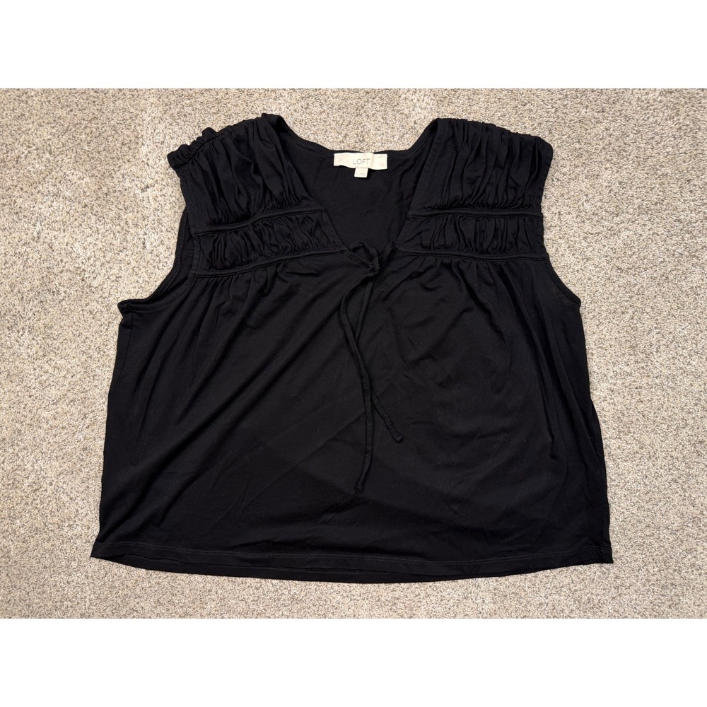 Loft Sleeveless Top Large Black Smocked V-Neck Tie Front Ruched Jersey Knit